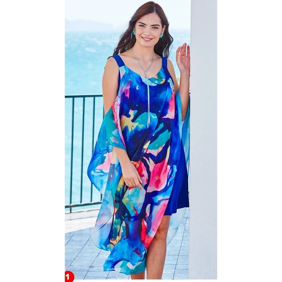 NEW Frank Lyman Blue Floral Chiffon Overlay Flowy Dress Cruise Beach Resort Sz L - Picture 1 of 15
